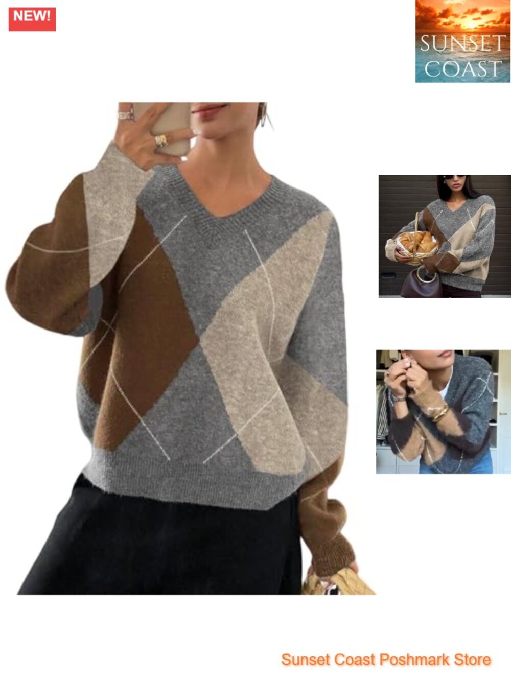 Wyeysyt Argyle Sweater Women V Neck Drop Shoulder Chunky Knit Pullover